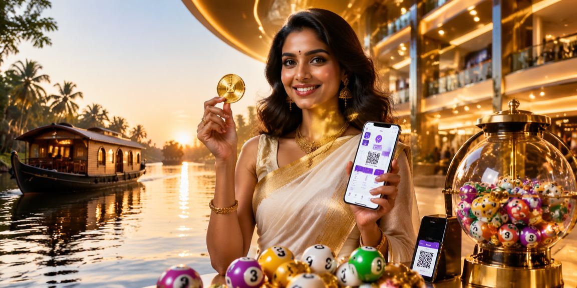 Indian woman enjoying lottery games by Kerala backwaters