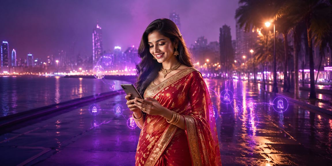 Indian woman using mobile phone for payment and betting in Mumbai